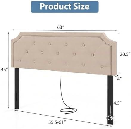KOMFOTT Upholstered Headboard with Charging Station for Full & Queen Size Bed Frame, Tufted Button Bed Headboard with Solid Rubber Wood Legs, Headboard with Adjustable Width, Beige