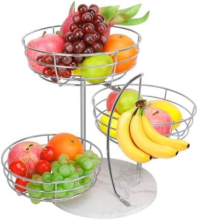 Livabber Fruit Basket Bowl with Banana Hanger, Metal Fruit Vegetable Storage Basket with Banana Holder for Kitchen Counter, Detachable Organizer for Bread Snack Produce (Chrome, 3-Tier Marble Base)