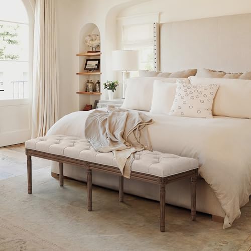 LUE BONA 60" Fabric End of Bed Bench, Upholstered Tufted French Bedroom Bench with Carved Dark Brown Legs for Bedroom End of King Size Bed, Living Room, Linen