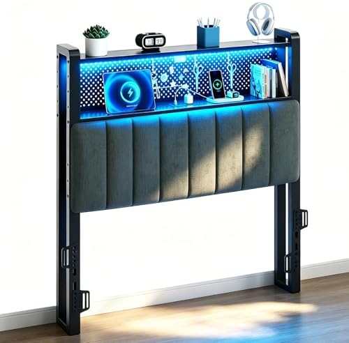 VINGLI Twin or Twin XL Size Headboard, Adjustable Upholstered Headboard with 2 Tier Shelves and Pegboard with Charging Stations and LED Lights, Modern Bed Headboard with Storage for Bedroom Decor