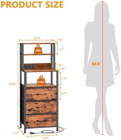 Furnulem Night Stand with Charging Station, Tall Nightstand, LED Lights