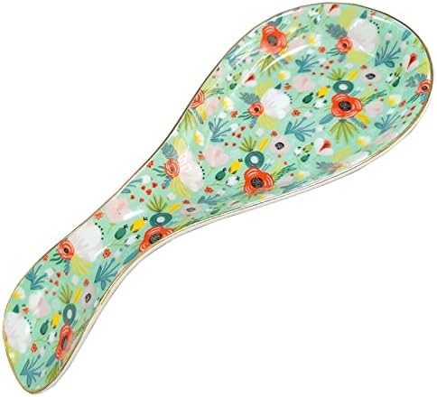 Ceramic Spoon Rest for Stove Top Kitchen Counter Large Spoon Holder Farmhouse Floral Flowers Print Coffee Spoon Cooking Utensil Tools Rest Modern Kitchen Decor