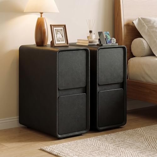 7.8" W Leather Narrow Nightstand Set of 2, Modern Fully-Assembled Bedside Table with 2 Drawers, White Night Stand Small Accent End Table & Side Table for Bedroom, Black