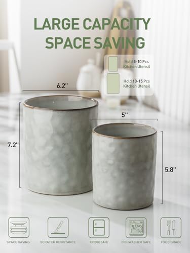 famiware Ceramic Utensil Holder, 7.2"+5.8", Set of 2, Gray