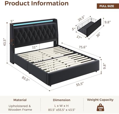 Full LED Velvet Bed Frame with 2 Storage Drawers&Hidden Headboard, Upholstered Platform Bed with Charging Station&Button Tufted Design, Wooden Slats Support, Box Spring Optional, Easy Assembly, Black