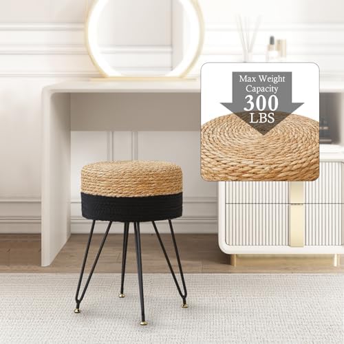 Vanity Stool Wicker Boho Makeup Chair Natural Seagrass Black
