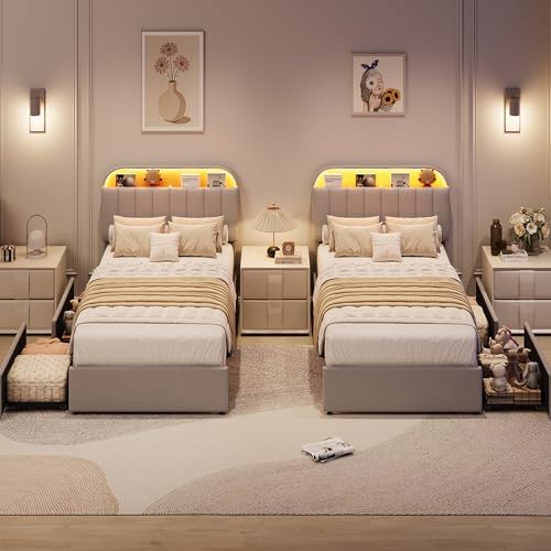 GarveeHome Twin Bed Frame, Platform Bed with Storage Headboard & Drawers