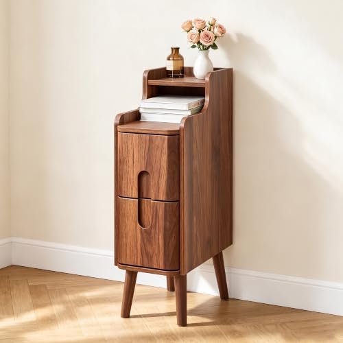 FurSch Narrow Nightstand, Wooden 2 Drawer, Walnut, 1 pc