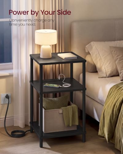 VASAGLE Side Table with Charging Station, 3-Tier Small Tall End Table
