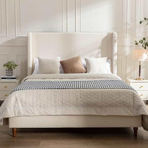 Queen 54" Tall Headboard Wingback Upholstered Platform Bed Frame Elegant Simplicity for Kids Teens Adults Bedroom Strong Wood Slats Support No Box Spring Needed Easy Assembly Ivory Boucle