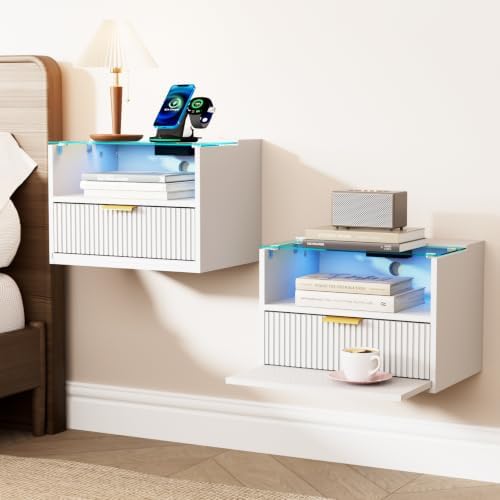 Modern Floating Nightstand Set of 2 with Charging Station & Light (White)