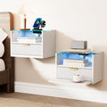 Modern Floating Nightstand Set of 2 with Charging Station & Light (White)