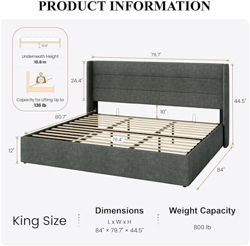 SHA CERLIN King Size Lift Up Hydraulic Storage Bed Frame Dark Grey