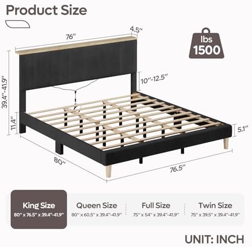 Bestier King Bed Frame with Storage Headboard & LED, Upholstered, Black