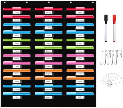 36 Pockets File Storage Pocket Chart with 36 Nametag Pockets, Hanging Wall File Organizer for Classroom and Office, Organize Your Assignments, Files, Scrapbooks, Paper (Black-36 Pockets)