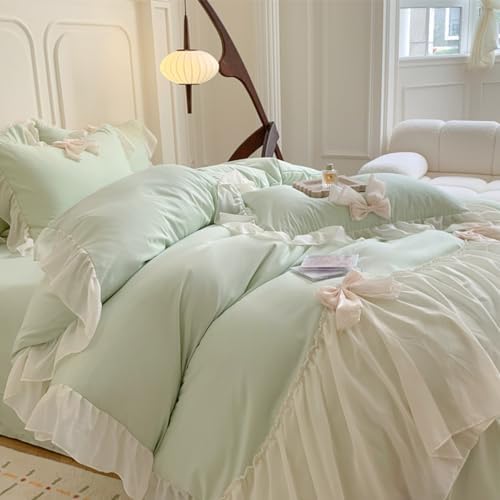 SOUKECHY Girls Lace Bedding, Queen Comforter Cover Set, Chic Ruffled Duvet Cover with Lovely Bow,Princess Style 1 Duvet Cover with 2 Pillowcases, No Comforter-Green,Queen Size