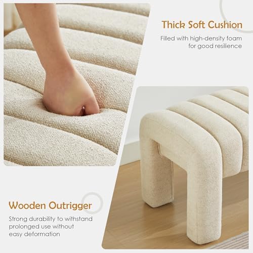 63" Bedroom Bench, Upholstered Entryway Bench, Modern End of Bed Ottoman with Solid Wood Legs and Adjustable Foot Pegs for Entryway, Dining Room and Living Room (Beige Linen)