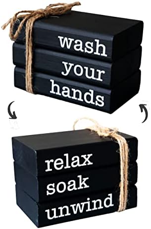 LIVDUCOT Farmhouse Mini Book Stack for Bathroom Decor Accessories Half Bath Decor Wooden Mini Books for Restroom Shelf Decorative Accent for Guest Bathroom,2 Signs in 1 Reversible