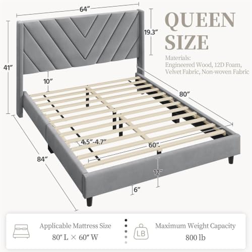 Yaheetech Queen Bed Frame with Chevron Channel-Tufted Headboard, Light Gray