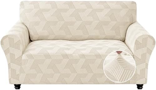 JIVINER 1 Piece Couch Cover for 2 Cushion Couch, High Stretch Loveseat Covers with Elastic Bottom, Washable Sofa Slipcovers for Dog, Pets Feature Geometrical Jacquard Fabric (Loveseat, Beige)