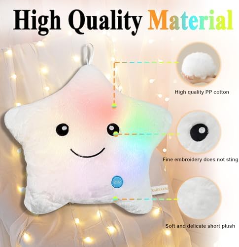 Kids Star Pillow Light Up Stuffed Animals for Girls Throw Pillows Boys Children Plushies Birthday, Cute Soft Night Plush Toy Pillow Glow Pillow Decorative Home Room Couch White