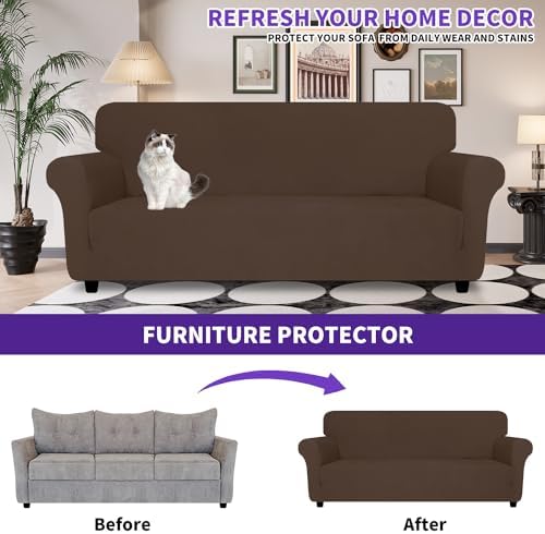 ZNSAYOTX Super Stretch Loveseat Covers (57"-70"), New Striped Love Seat Slipcover, Dogs Pet Friendly Anti-Slip Couch Protector Spandex Durable 2 Seater Fabric Sofa Cover (Coffee, Loveseat)