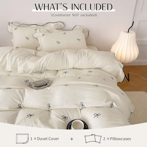3-Piece Duvet Cover Set Brushed Washed for Softness,1 Duvet Cover and 2 Pillowcases,Black Bow Ruffles Bedding Set for All Seasons,Cute Comforter Covers with Ties Twin Size 80"×90”