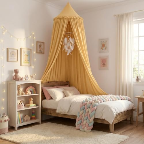 Bed Canopy for Girls, Princess Crib Canopy for Nursery, Dreamy Soft Hanging Canopy for Toddler Bed, Twin & Full Size, Kids Bed Canopy for Girls Room Decor & Reading Nook, Golden Yellow