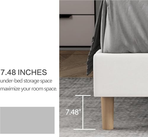 King Size Bed Frame with Velvet Upholstered Headboard, Beige