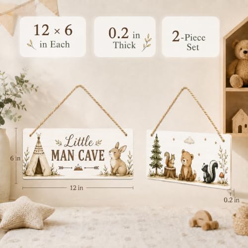 Little Man Cave Sign, Woodland Nursery Decor for Boys, Adventure Set of 2