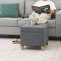 Adeco 17.5" Square Fabric Ottoman with Storage, Upholstered Cotton Linen Foot Rest, Flip Top Footstool, Small Cube Coffee Table Extra Seat for Living Room, Bedroom, Grey with Burlywood Legs