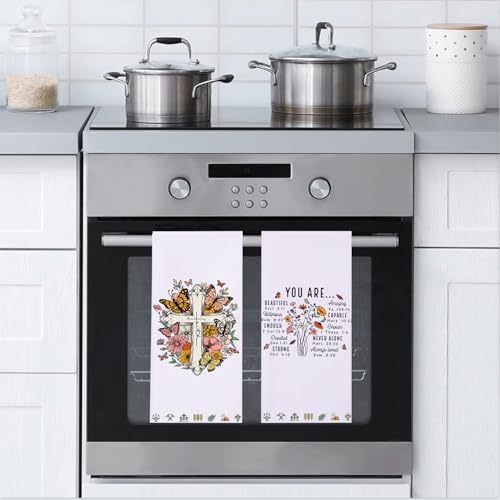 LXOMILL Christian Gifts for Women, Religious Kitchen Towels Set of 2, Floral Butterfly Bible Verse Dish Towels, Faith Gift for Mom, Friends, Christian Home Decor