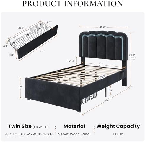 SHA CERLIN Twin Size Bed Frame with LED Lights and Storage Drawer, Black