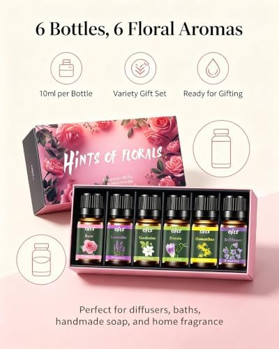 Fragrance Oil Refill for Waterless Diffuser, Floral Essential Oils, 6 Pack