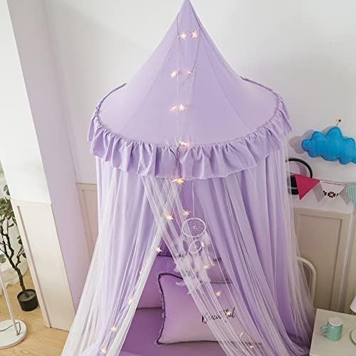 VETHIN Bed Canopy Double Layer Princess Round Dome Dreamy Mosquito Net Bedding Girls Room Castle Play Tent Hanging House Decor Reading Nook Canopies(Purple/White)