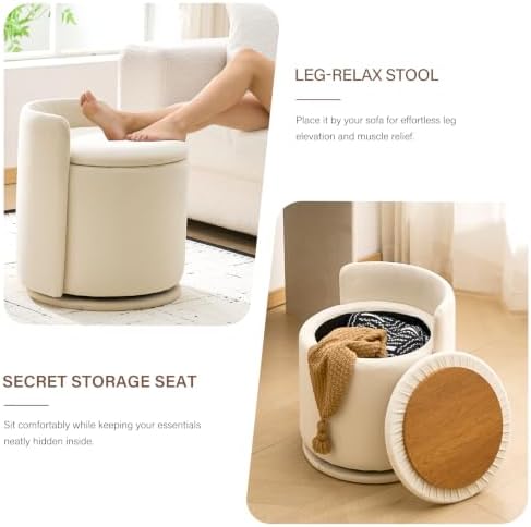 360° Swivel Makeup Chair with Storage, Upholstered Accent Stool with Back, Round Vanity Stool Ottoman for Living Room, Makeup Room, Bedroom (Cream)