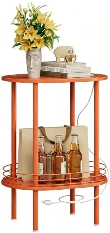 Small Oval Side Table with Charging Station, 2-Tier Orange Round End Table