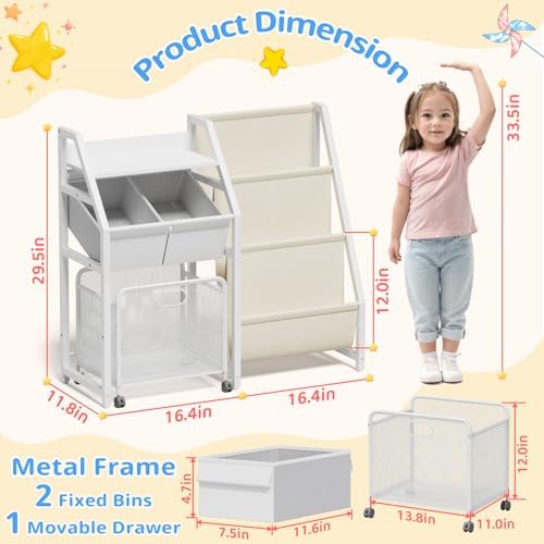 LATIBELL Kids Bookshelf Toy Storage Organizer & 2 Bins，3 Tier White