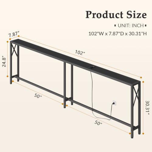 Gewudraw 102" Sofa Table Behind Couch & Socket-Narrow Console Table, Black