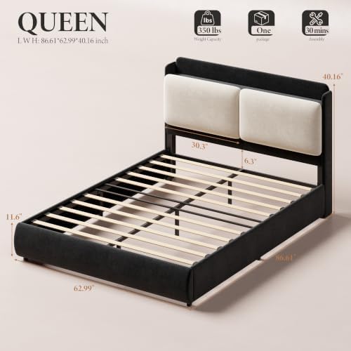 Garvee Queen Upholstered Bed Frame with Shelf & Drawers - Black & Beige