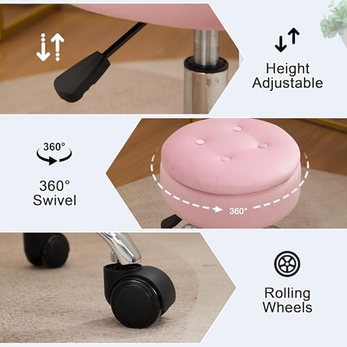 Pink Swivel Vanity Stool With Storage Vanity Chair with Wheels Ottoman
