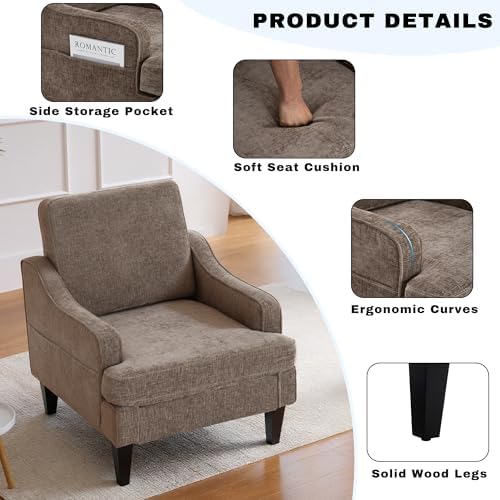 Set of 2 Accent Chair for Living Room,Mid-Century Arm Chair Chenille Fabric Living Room Chairs,Upholstered Reading Chair for Bedroom,Single Sofa Chair with Wood Legs for Apartment (Brown)
