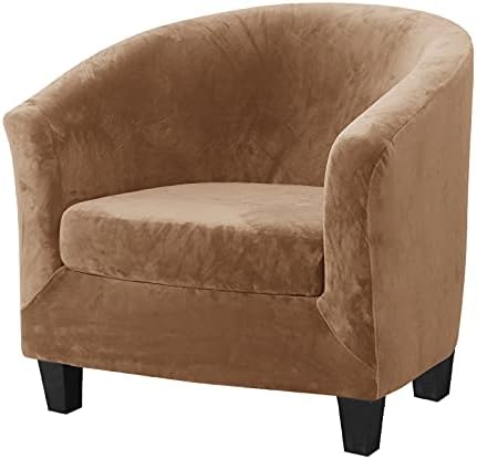 MIFXIN 2-Piece Velvet Tub Chair Covers with Cushion Cover Stretch Soft Washable Barrel Club Chair Slipcover Armchair Sofa Couch Furniture Protector for Living Room Bar Counter Hotel (Camel)