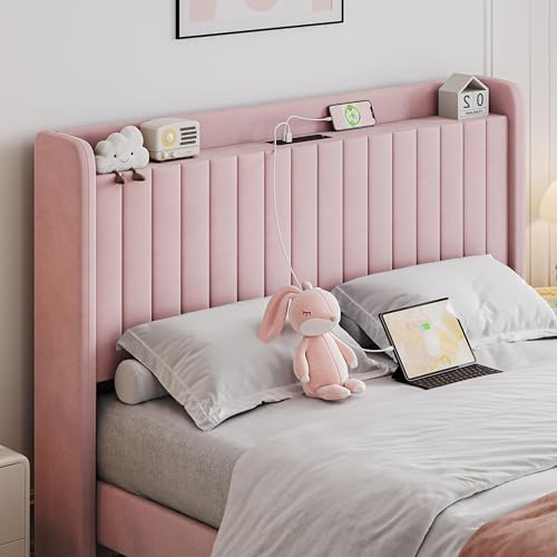 Yaheetech Queen Bed Frame with Channel-Tufted Headboard, USB/AC Ports, Pink