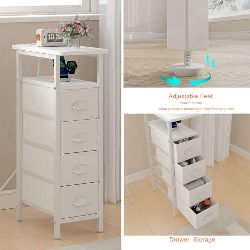 sthmec Side Table with Charging Station, Narrow End Table with 4 Drawers, Small Nightstands with Fabric Drawers,Slim Sofa Couch Side Tables for Small Spaces,Living Room,Bedroom, White