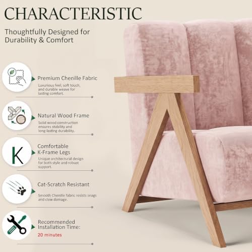 Modern Accent Chair Set of 2 for Living Room Bedroom,Comfy Chenille Reading Chair with Wood Frame,Upholstered Lounge Armchair with Thick High-Elastic Sponge for Apartment & Waiting Room(Blush Pink,2)