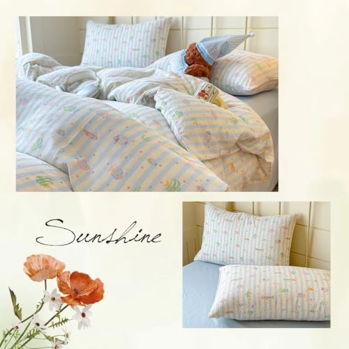 Kids Fish Duvet Cover Set Muslin Cotton,Twin(68"x86"),Blue Striped
