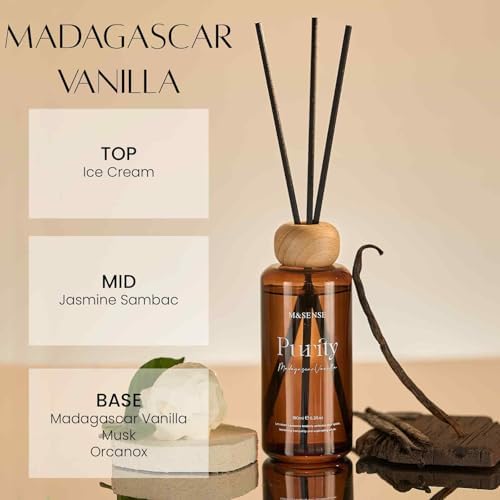 M&SENSE Reed Diffuser, Madagascar Vanilla, 6.3 oz Natural Essential Oil