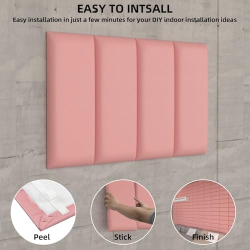 Peel and Stick Headboard - Pink Upholstered Wall Panels, 10 Panels Sized 7.8" x 15.7", 3D Anti-Collision Soundproof Self-Adhesive for Bedroom