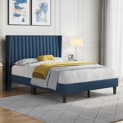 Yaheetech Full Bed Frame with Headboard, Navy Blue Channel-Tufted Platform